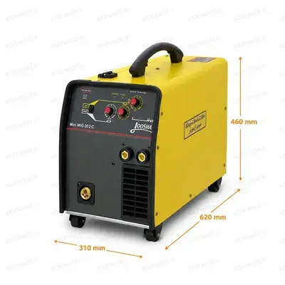 دستگاه جوش CO2 جوشا مدل Mini MIG 202 C - نمای سه‌چهارم دستگاه جوش MIG/MAG با تکنولوژی آلمان و ابعاد ۴۶۰×۶۲۰×۳۱۰ میلی‌متر
