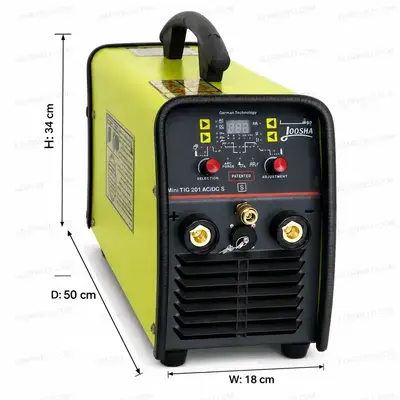دستگاه جوش آرگون جوشا ۲۰۰ آمپر مدل MINI TIG 201 AC-DC - نمای اصلی دستگاه جوش TIG/MMA با قابلیت AC/DC و طراحی جمع‌وجور
